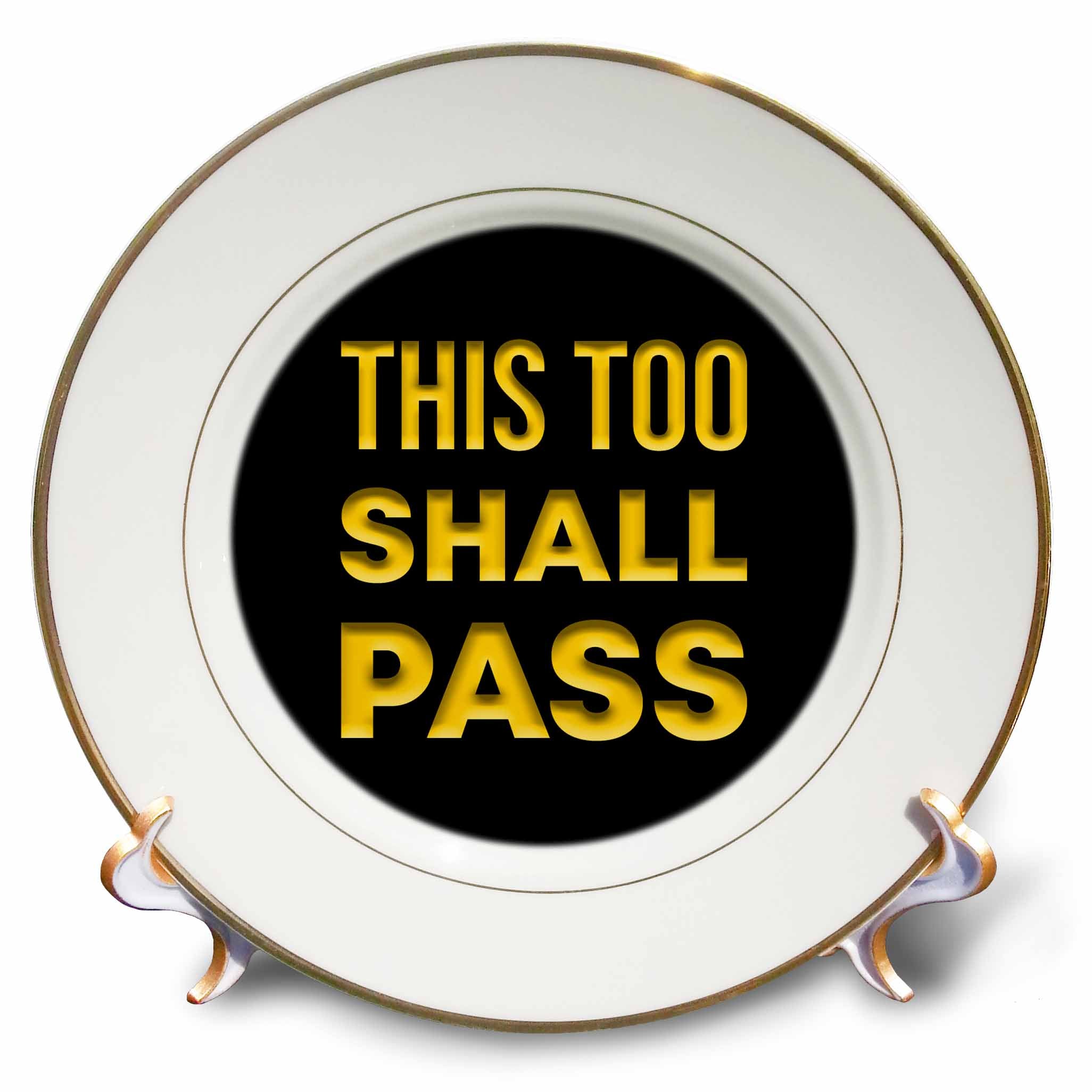 3dRose This Too Shall Pass positive supporting text of yellow color on black - Plates (cp_339242)