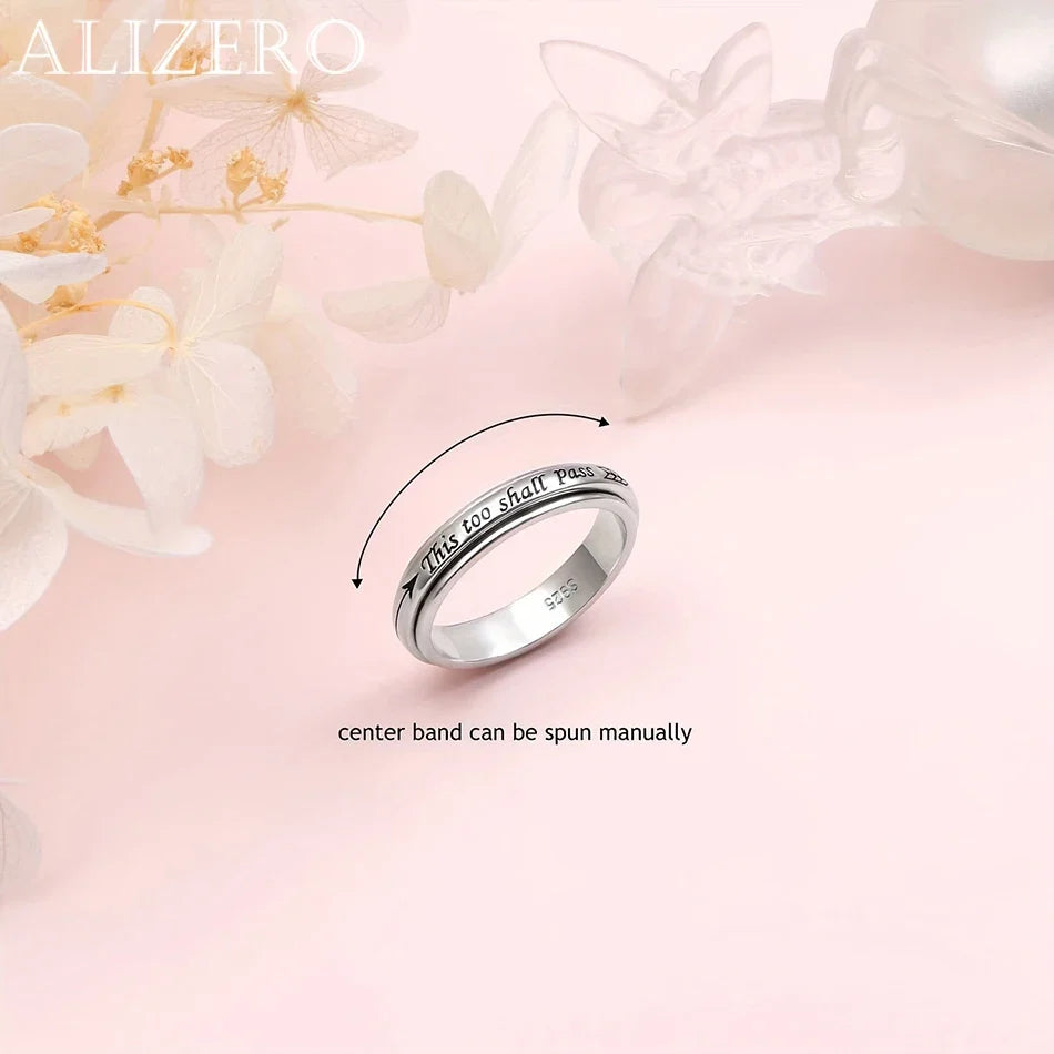 925 Sterling Silver Rotating Ring - "This Too Shall Pass" Quote, Adjustable 6-10 US Size, Bohemian Vintage Style for Women Men