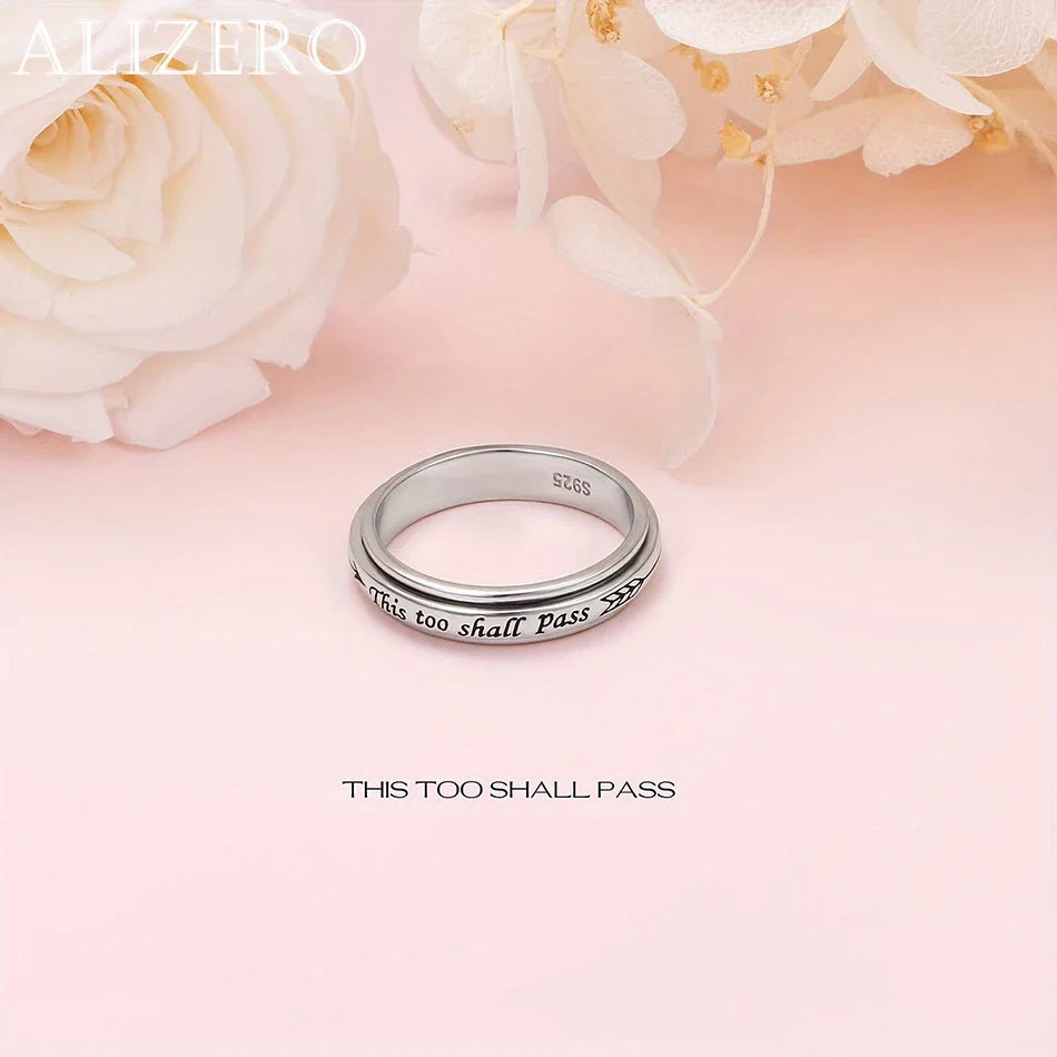 925 Sterling Silver Rotating Ring - "This Too Shall Pass" Quote, Adjustable 6-10 US Size, Bohemian Vintage Style for Women Men